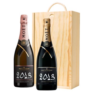 Moet And Chandon Vintage Brut and Vintage Rose Two Bottle Wooden Gift Boxed (2x75cl)